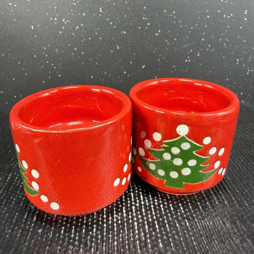 Waechtersbach Christmas Tree Red Ceramic Cups Candle Holder Votive Set of 2 VTG